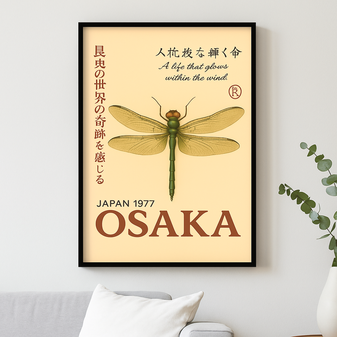 Framed poster with a dragonfly design and text on a beige background, displayed on a wall.
