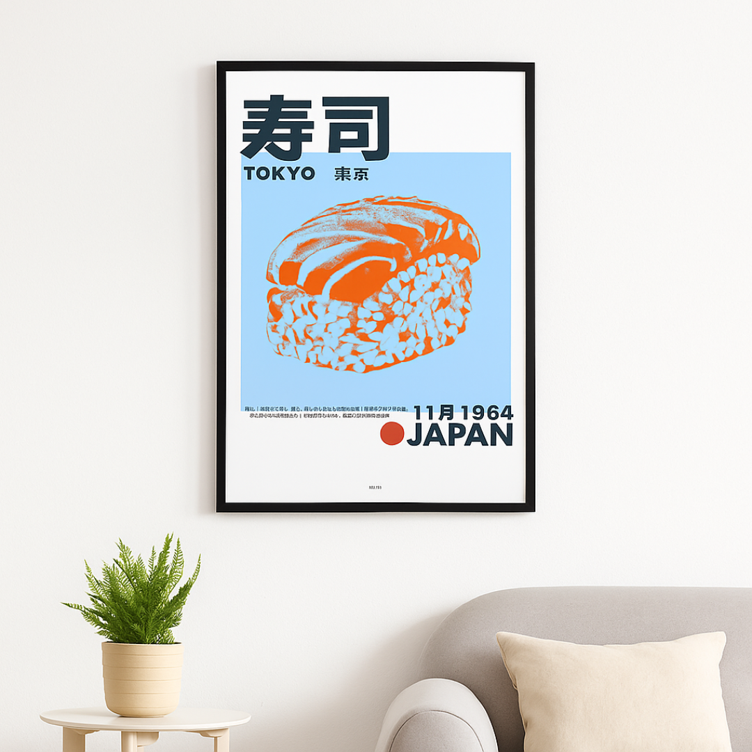 Framed poster of sushi with Japanese text on a wall above a sofa and plant.