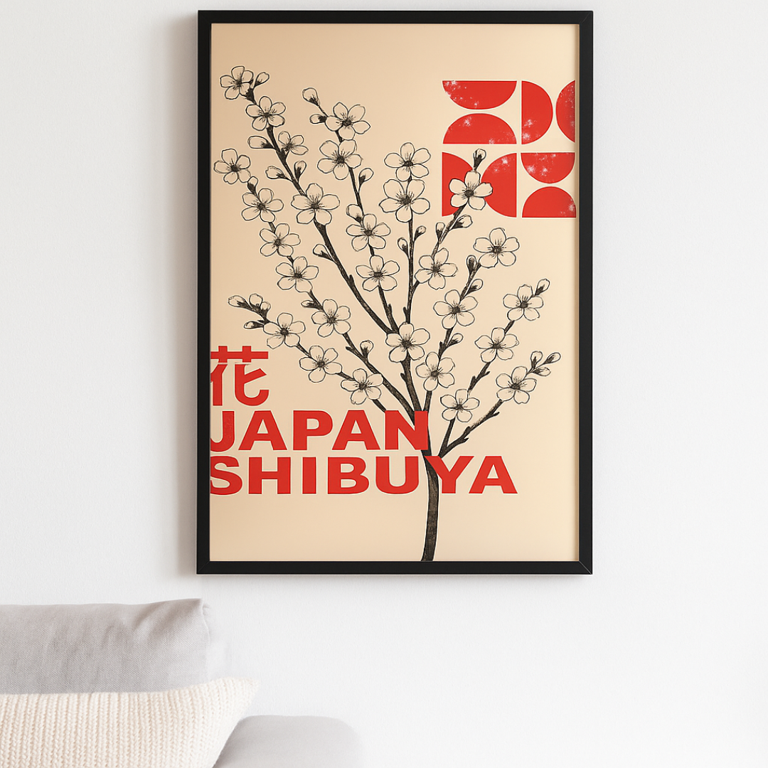 Japan framed poster with cherry blossom design and text on a beige background