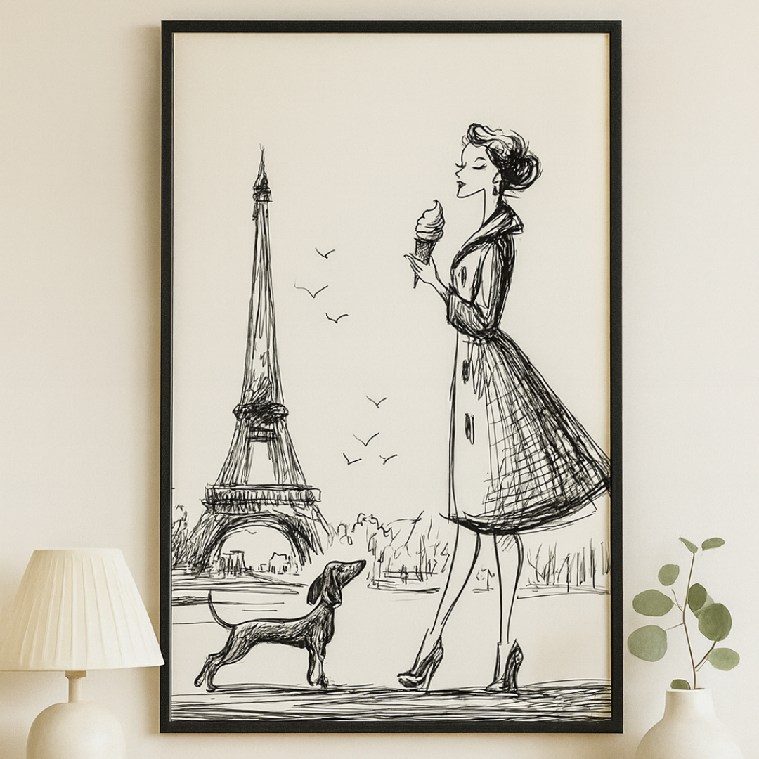 Framed artwork of a woman with a dog and ice cream cone in front of the Eiffel Tower.