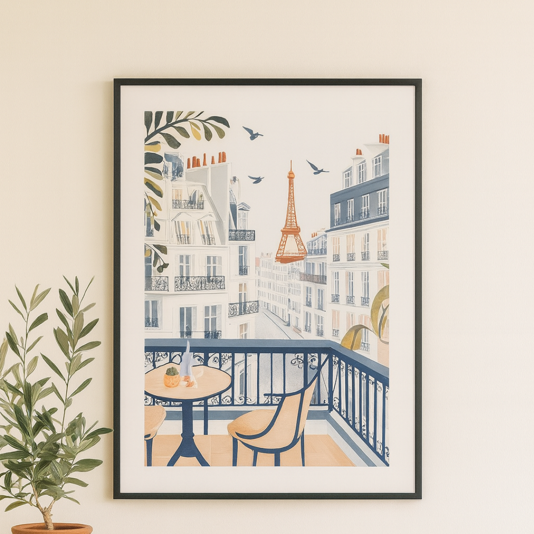 Framed artwork of a Parisian scene on a wall above a wooden console table with a plant and bowl of oranges.
