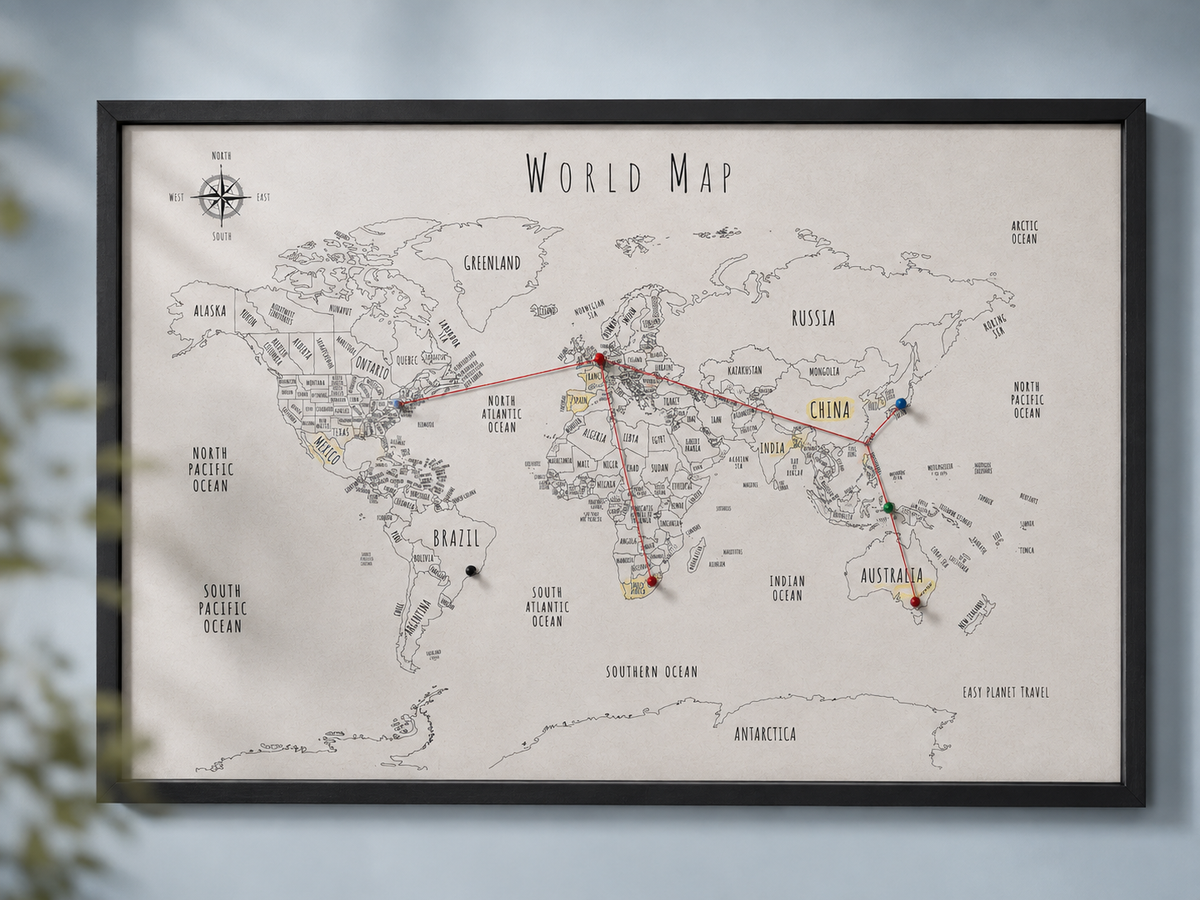 Travel Tracker Push Pin Board